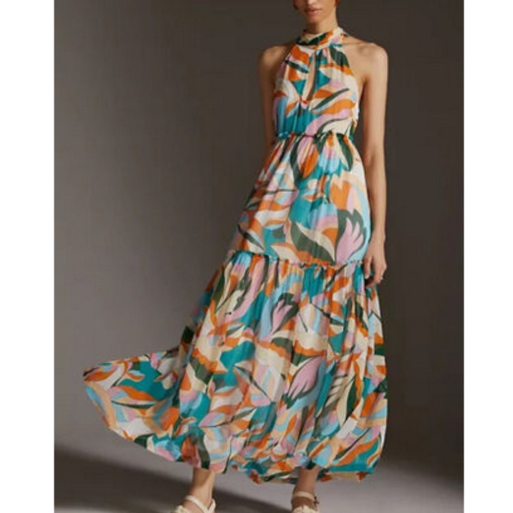 Anthropologie Maeve 2X NWT Keyhole Halter Maxi Dress Tiered Bohemian New - Picture 2 of 8